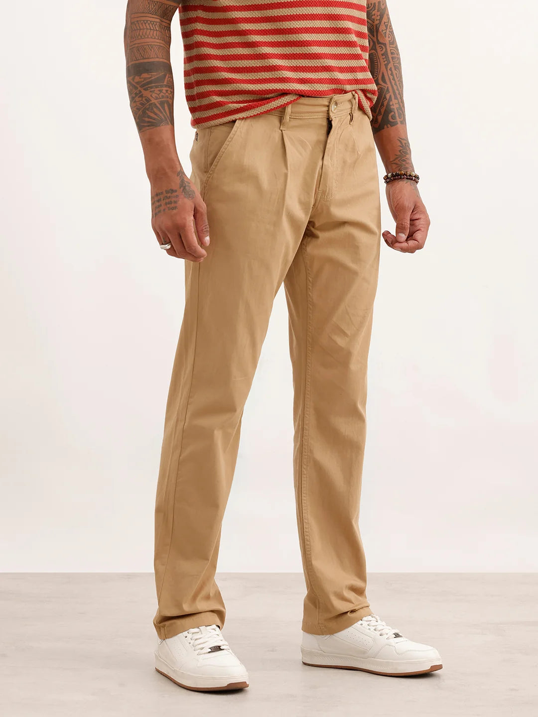 Solid Straight Fit Pleated Trouser | Khaki