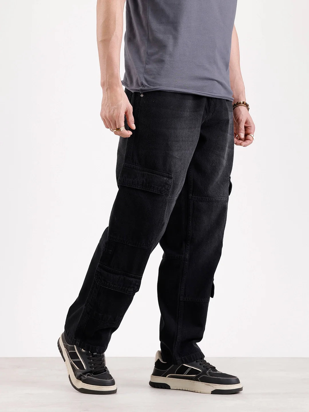 Washed Loose Fit Cargo Denim | Grey