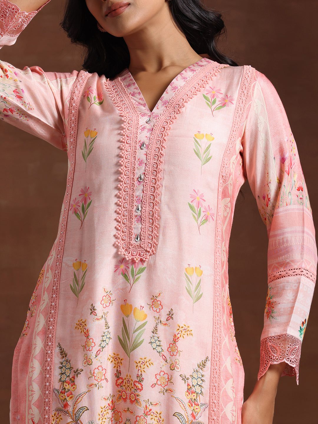Libas Pink Printed Silk Blend Straight Suit With Dupatta