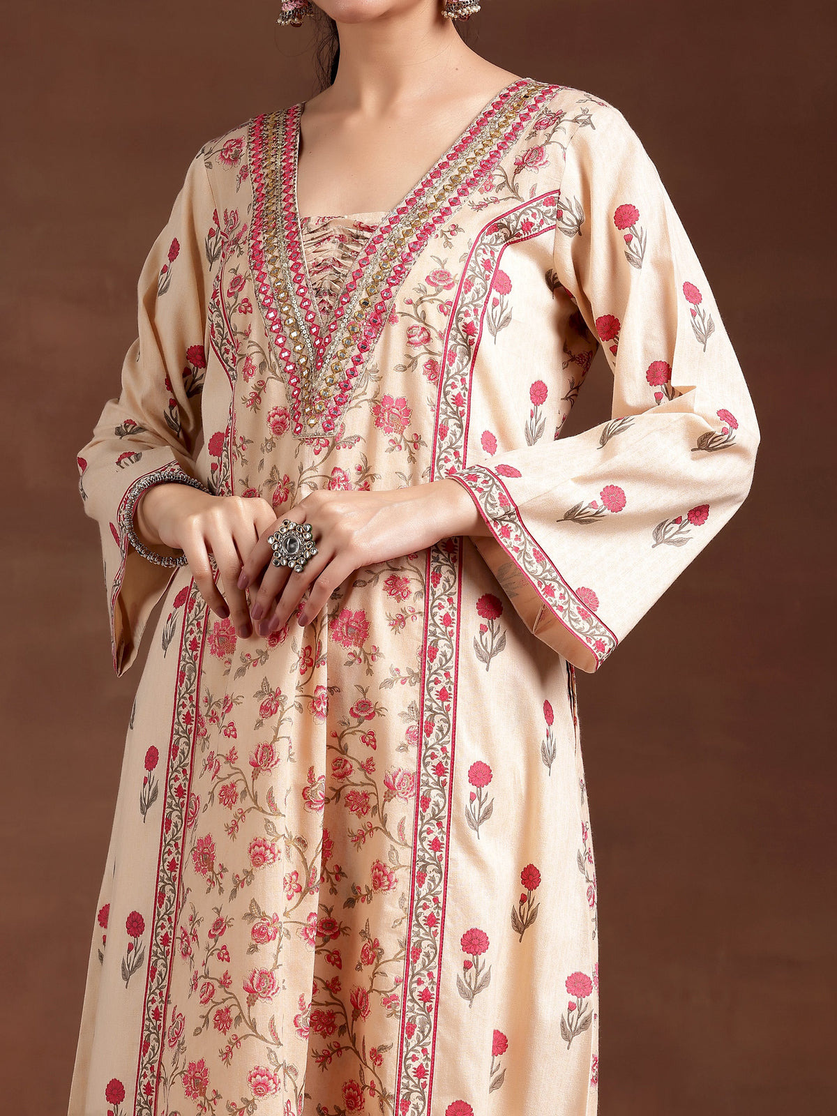 Libas Beige Printed Cotton A-Line Kurta With Palazzos