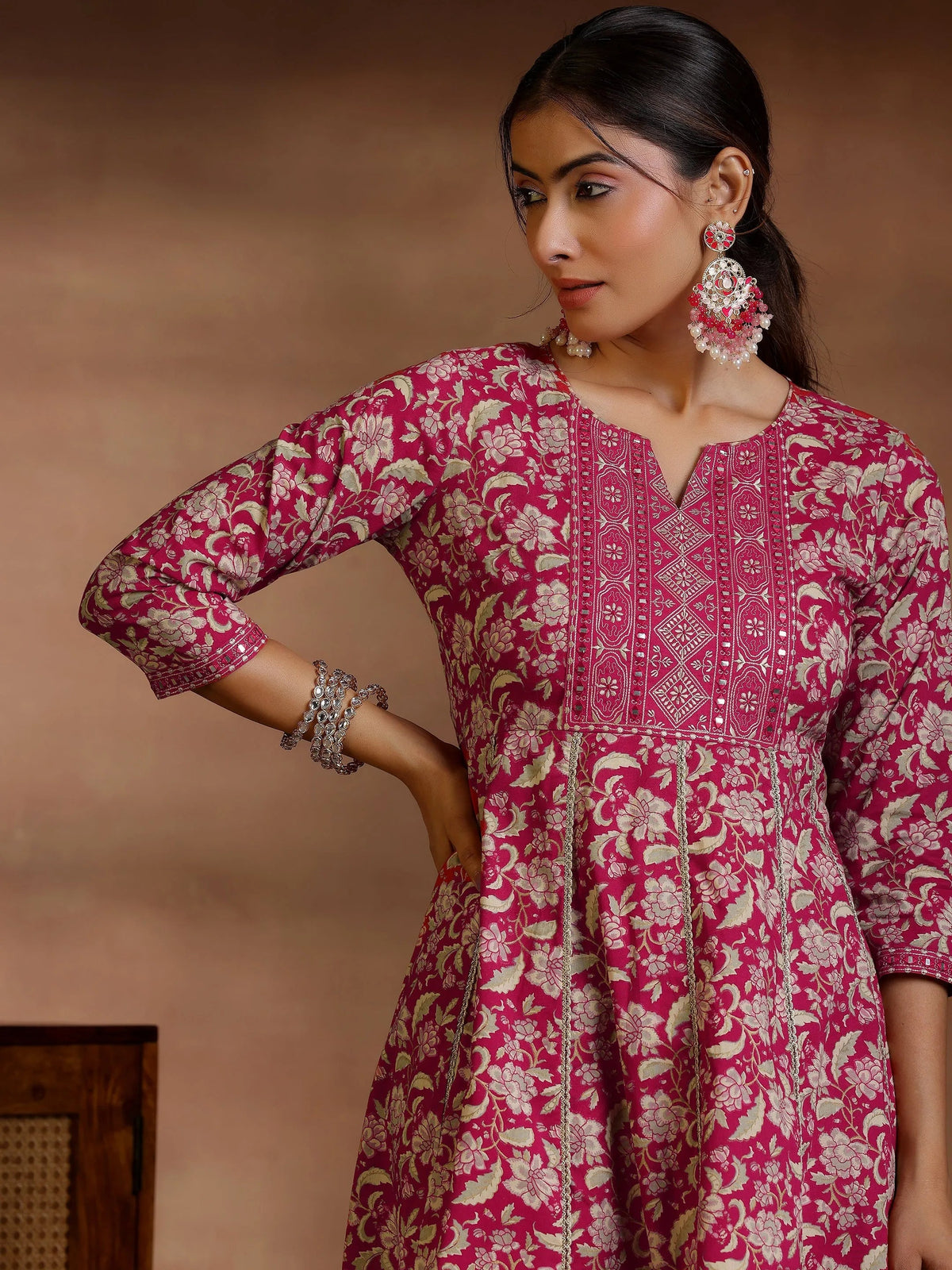 Libas Pink Printed Cotton Anarkali Kurta Set
