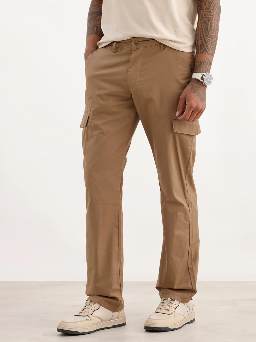 Solid Straight Fit Cargo Trousers | Khaki