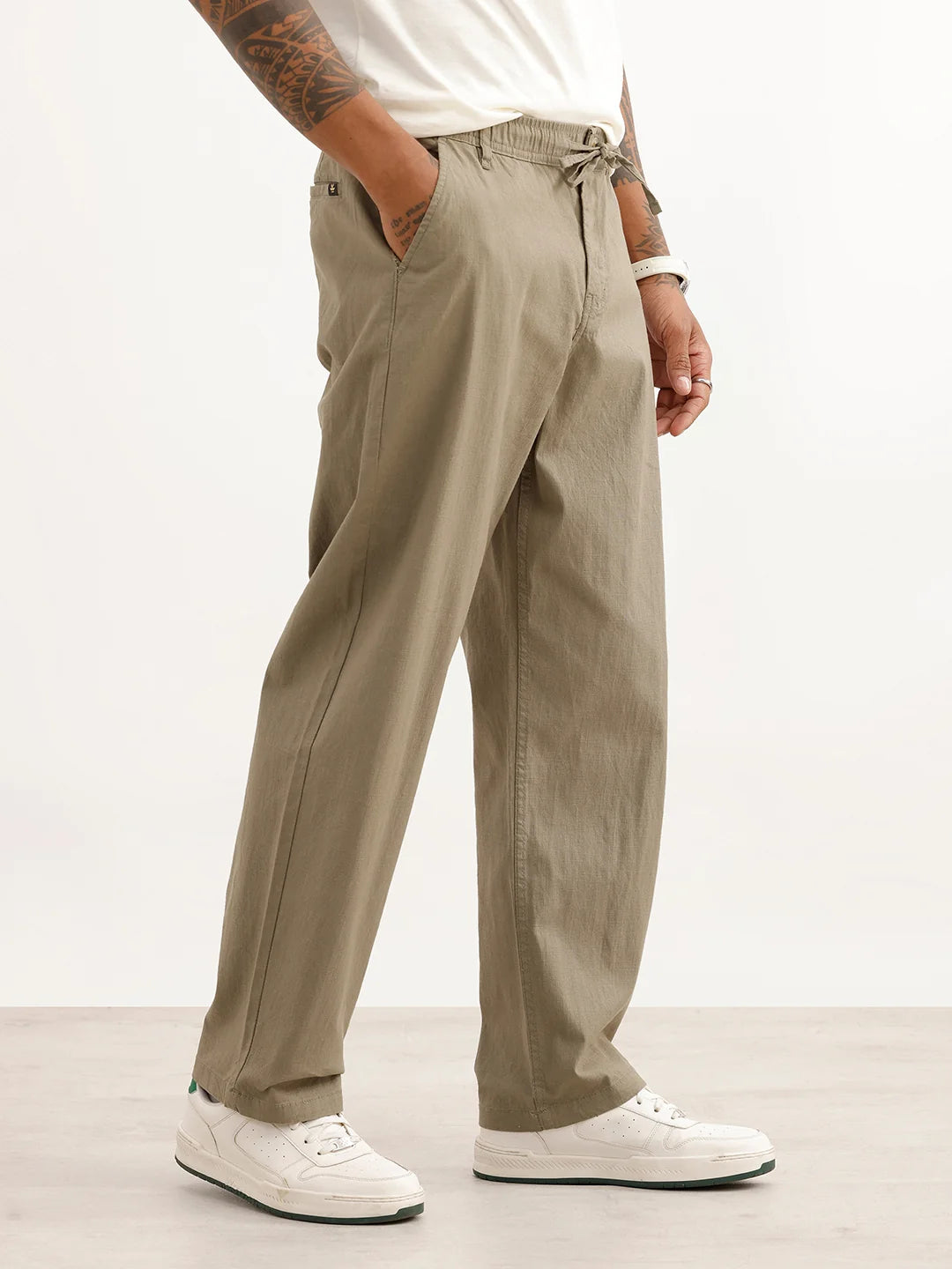 Solid Textured Loose Fit Trouser | Olive