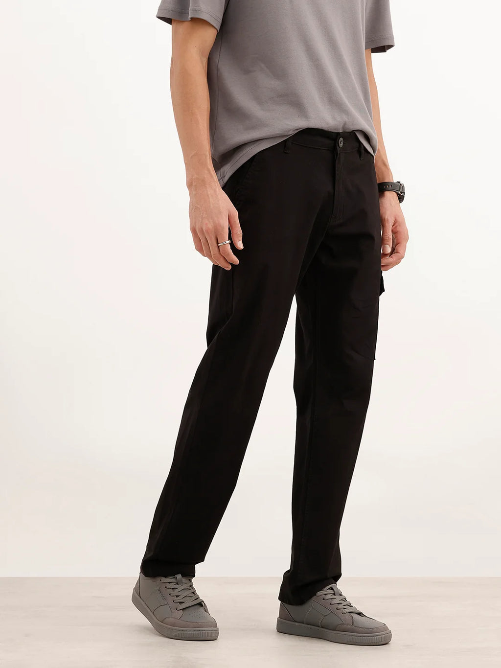 Solid Straight Fit Cargo Trouser | Black