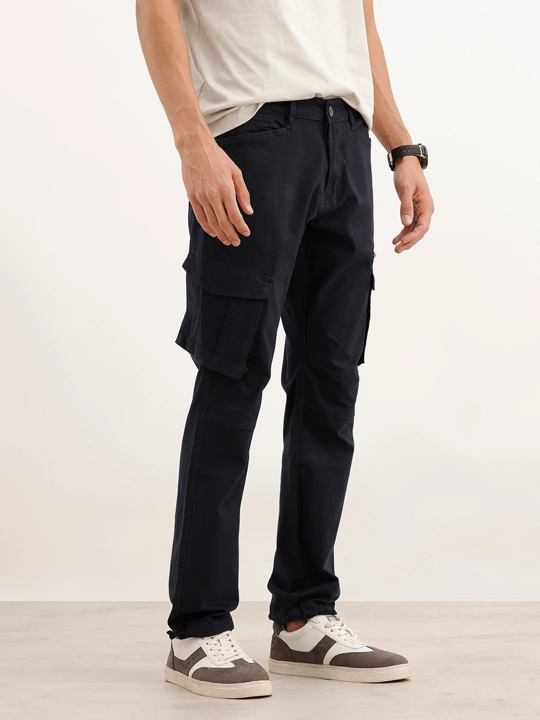 Solid Straight Fit Cargo Trouser | Navy Blue
