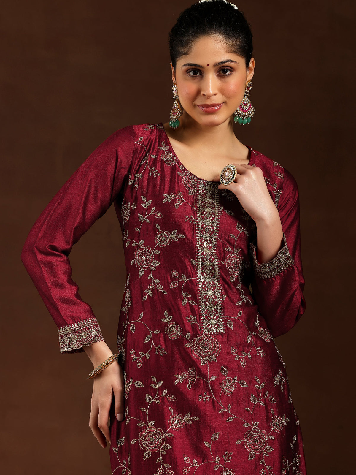 Libas Maroon Embroidered Silk Blend Straight Suit With Dupatta