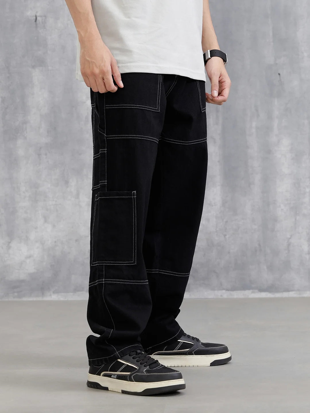 Utility Cargo Pants With Contrast Stitch | Black
