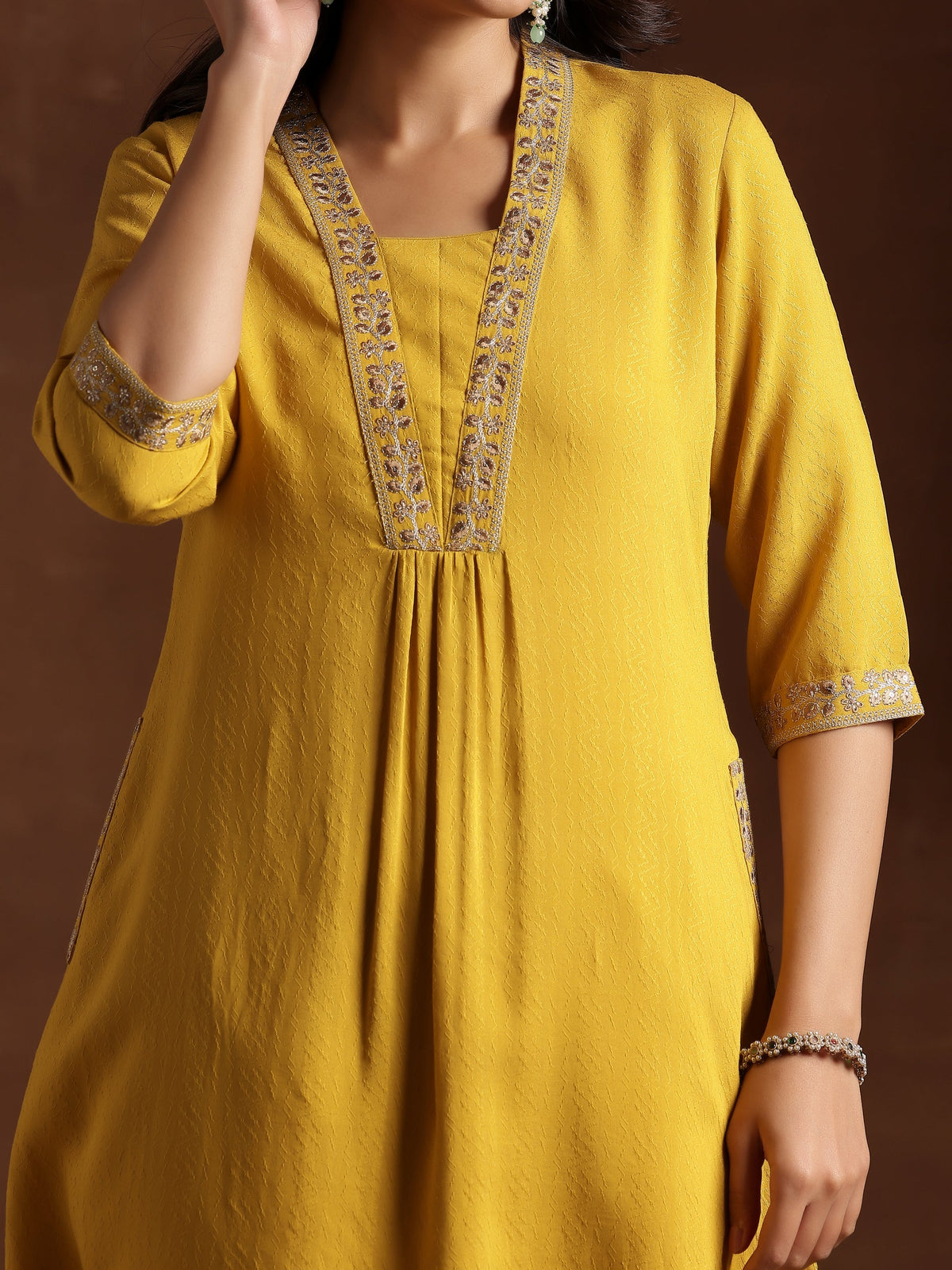 Libas Yellow Yoke Design Silk A-Line Kurta