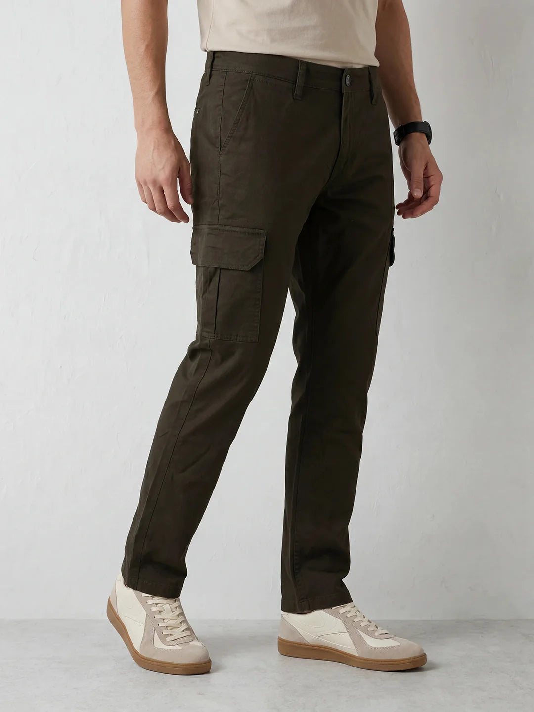 Straight Fit Solid Cargo Trouser | Olive