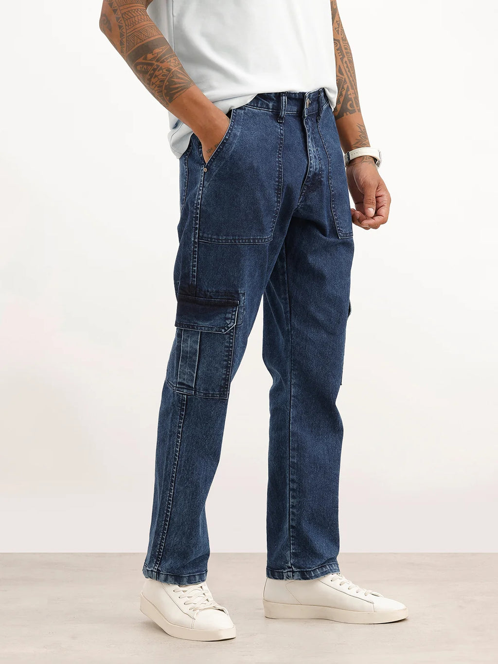 Solid Cargo Fit Denim Jeans | Blue