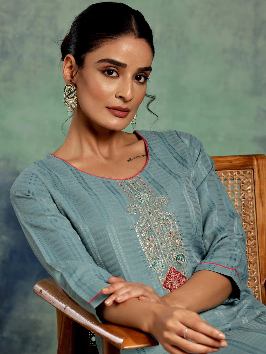 Libas Blue Yoke Design Silk Straight Kurta