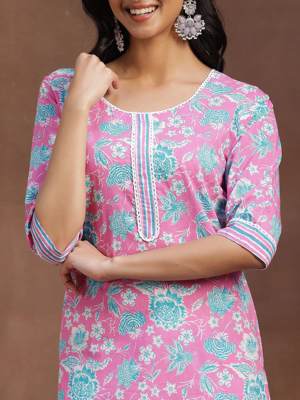 Libas Pink Printed Cotton Straight Kurta