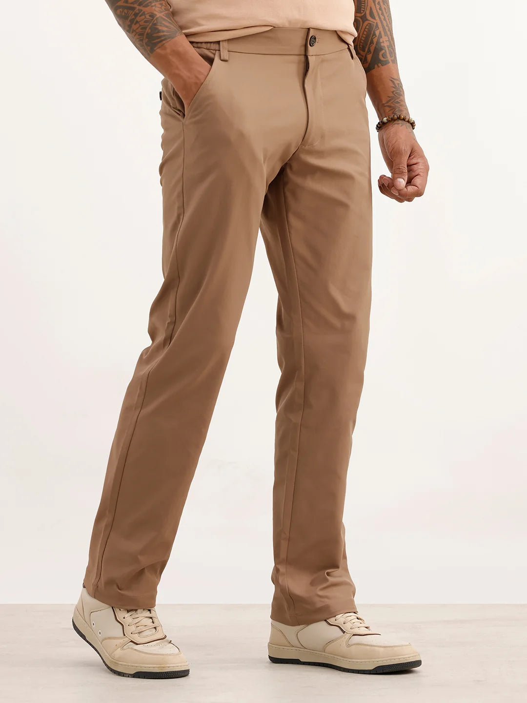 Solid Straight Fit Blended Trouser | Brown