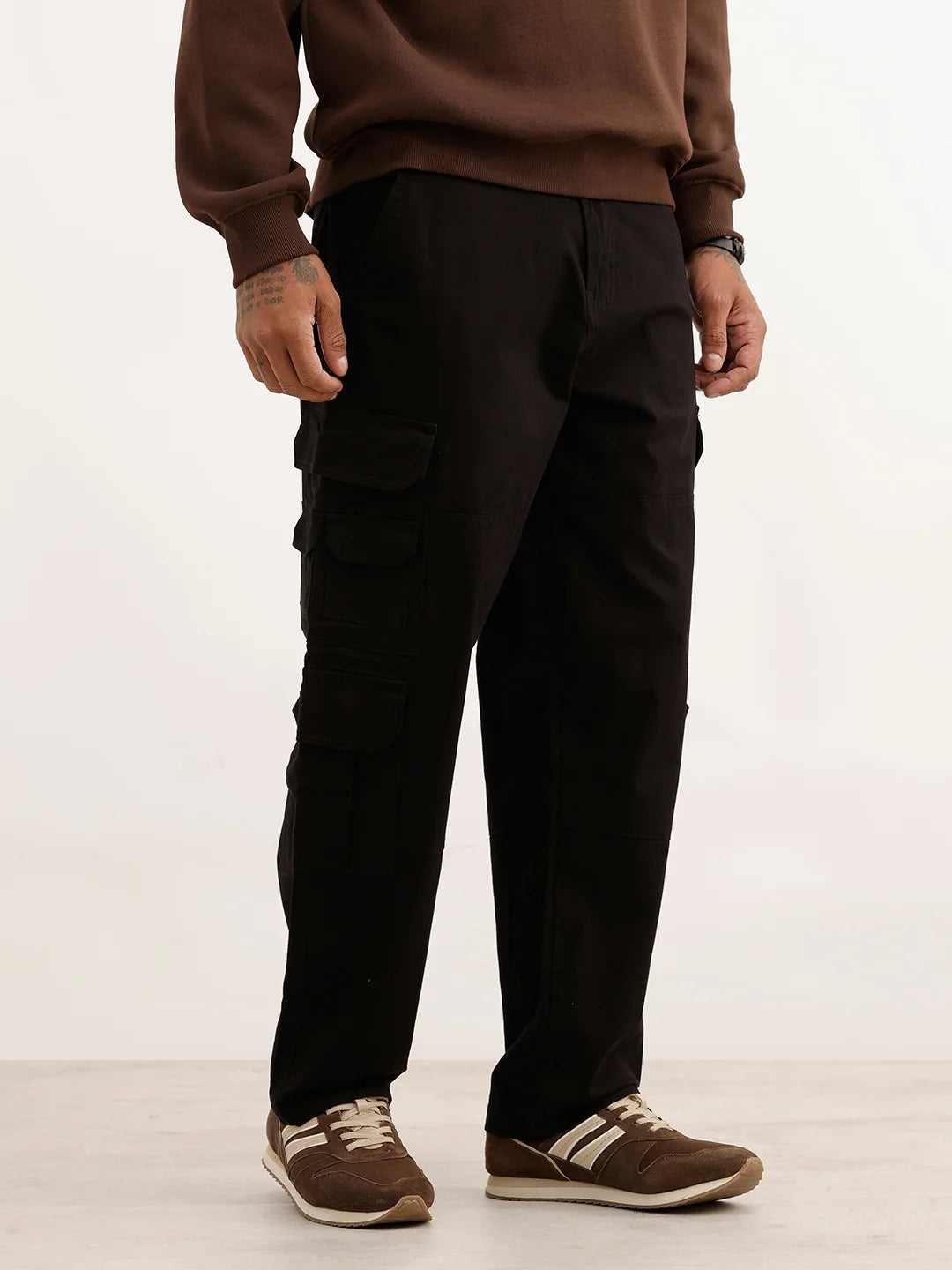 Solid Loose Fit Cargo Trouser | Black