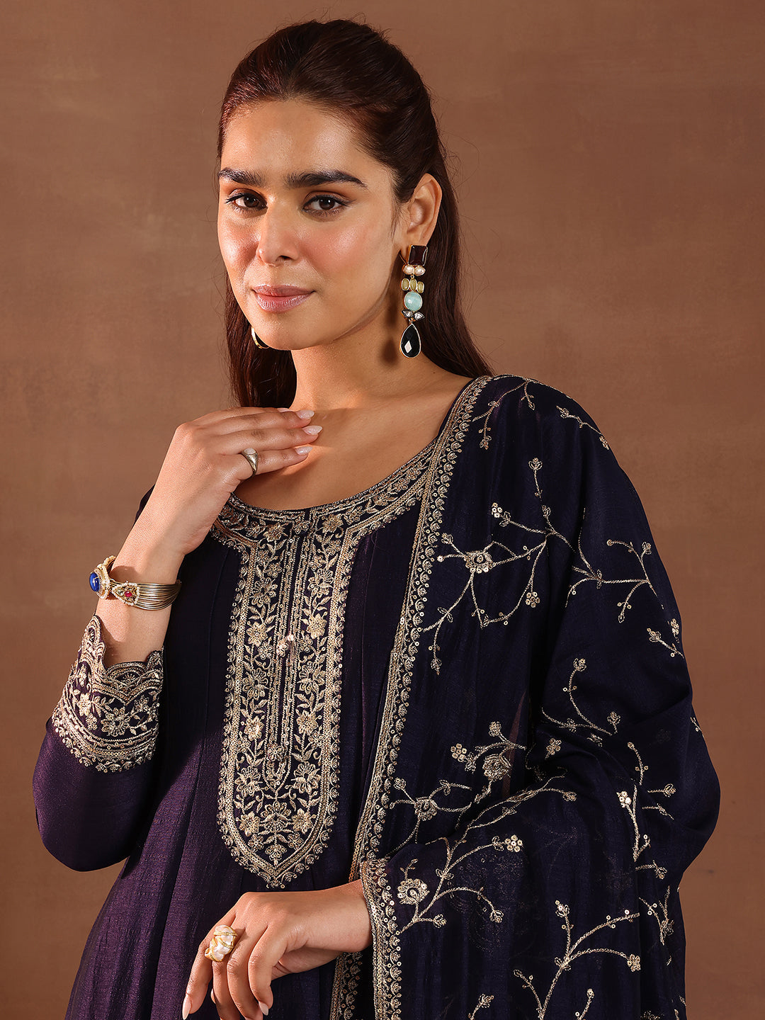 Libas Purple Embroidered Silk Blend Anarkali Suit With Dupatta