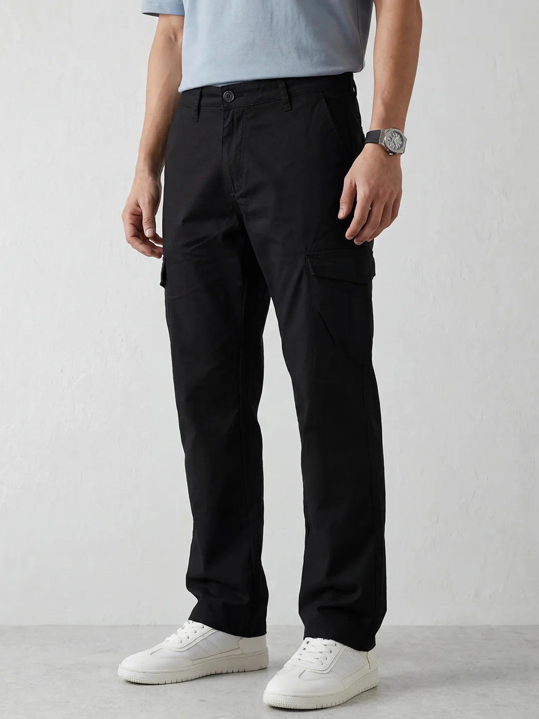 Straight Fit Solid Cargo Trouser | Black