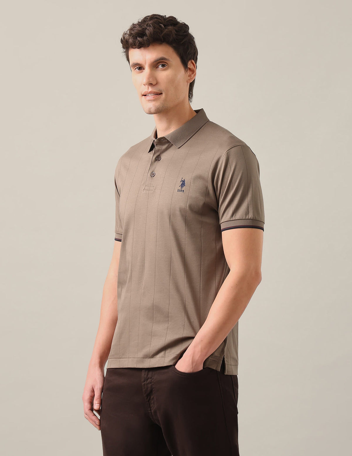 Vertical Striped Patterned Knit Slim Fit Polo Shirt USP0