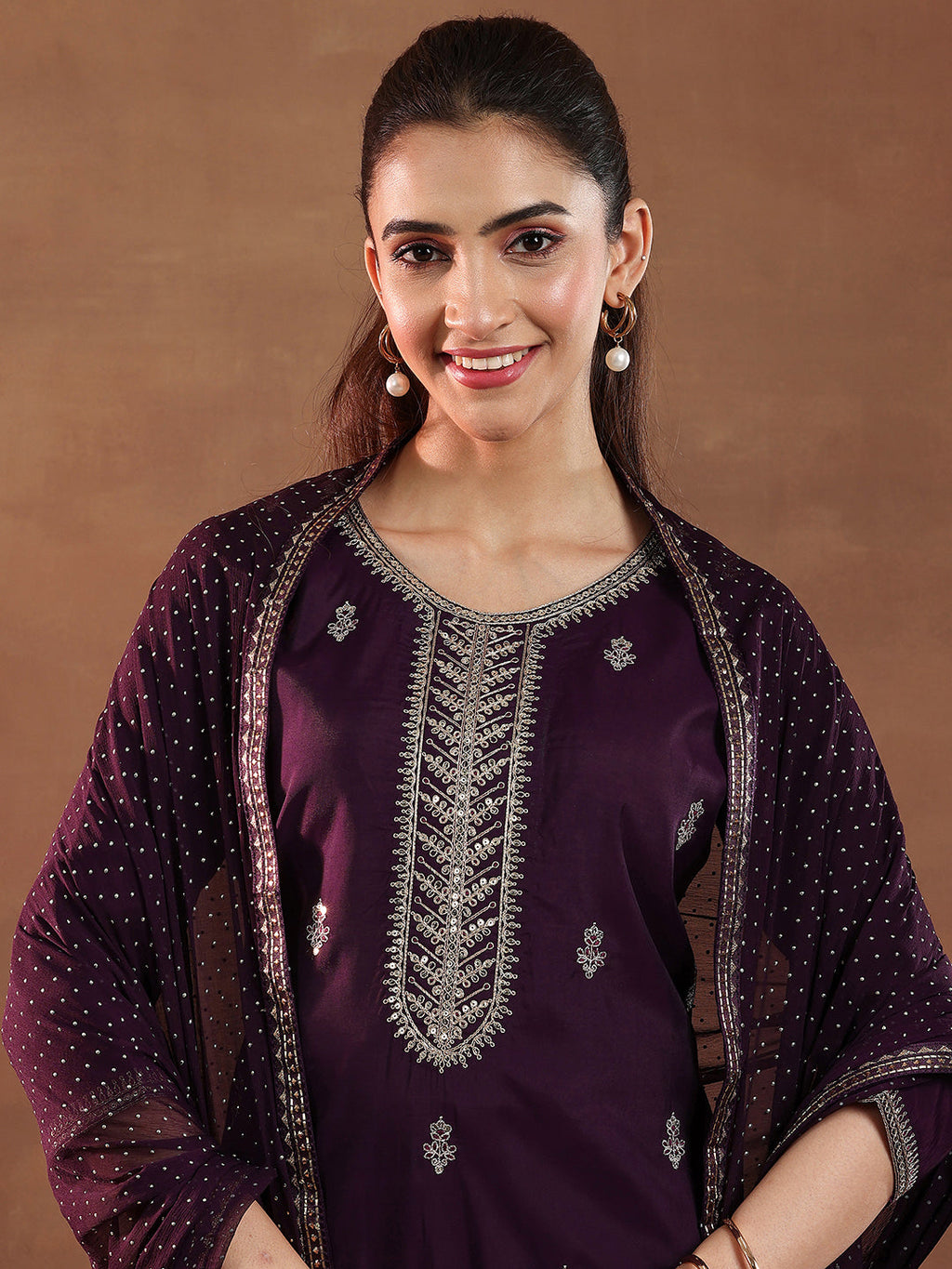 Gerua Wine Embroidered Silk Blend Straight Suit With Dupatta