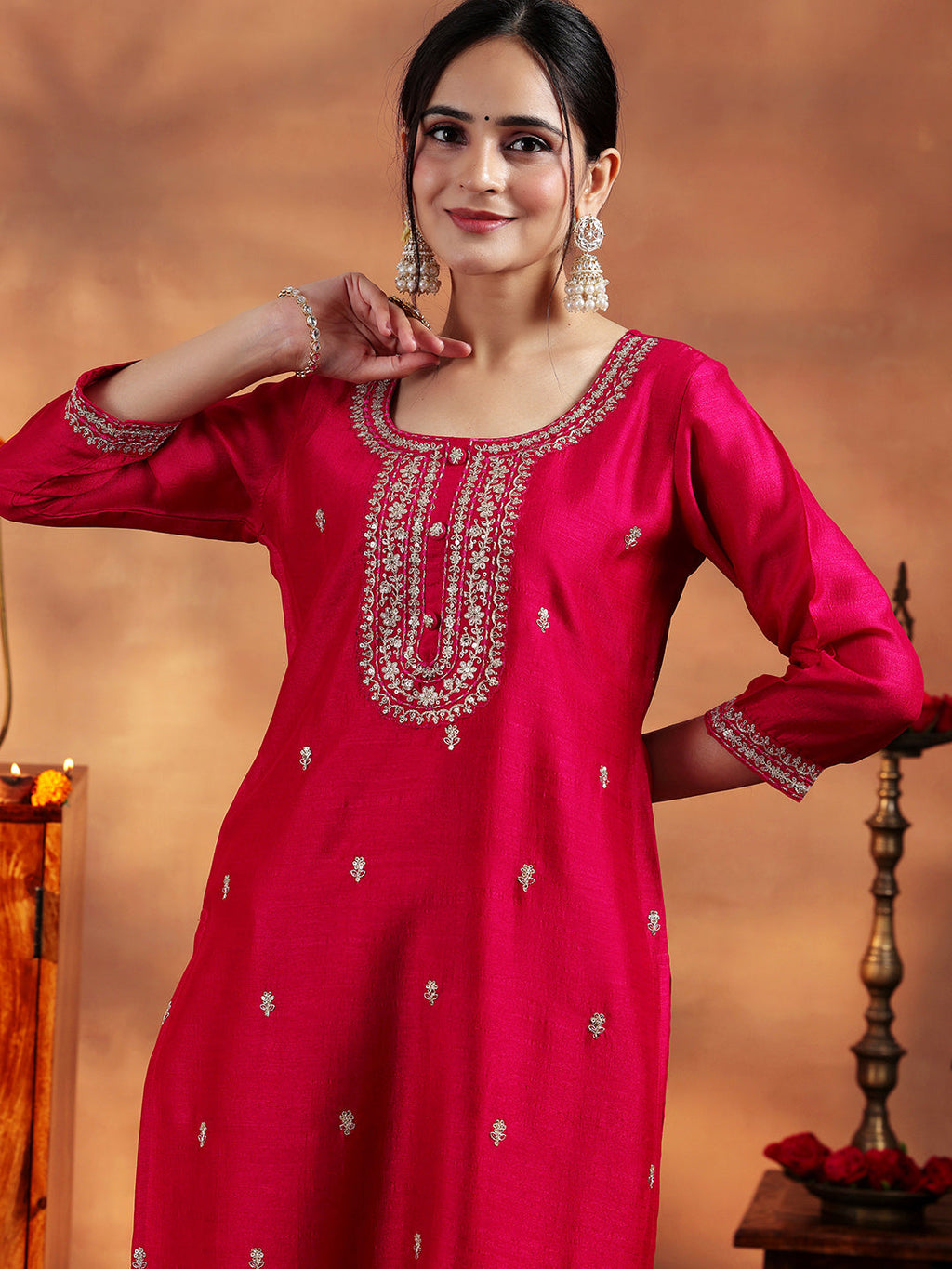 Libas Red Embroidered Silk Straight Kurta