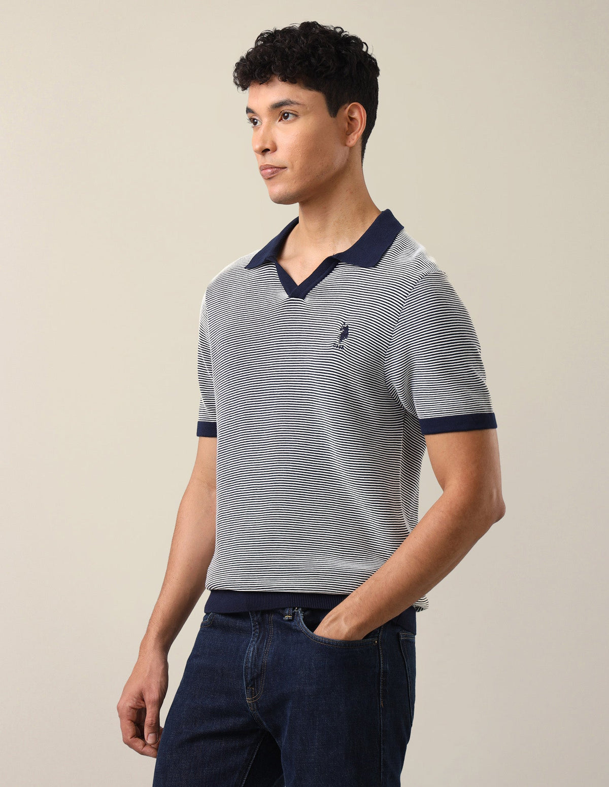 Horizontal Striped Patterned Knit Slim Fit Polo Shirt USP0
