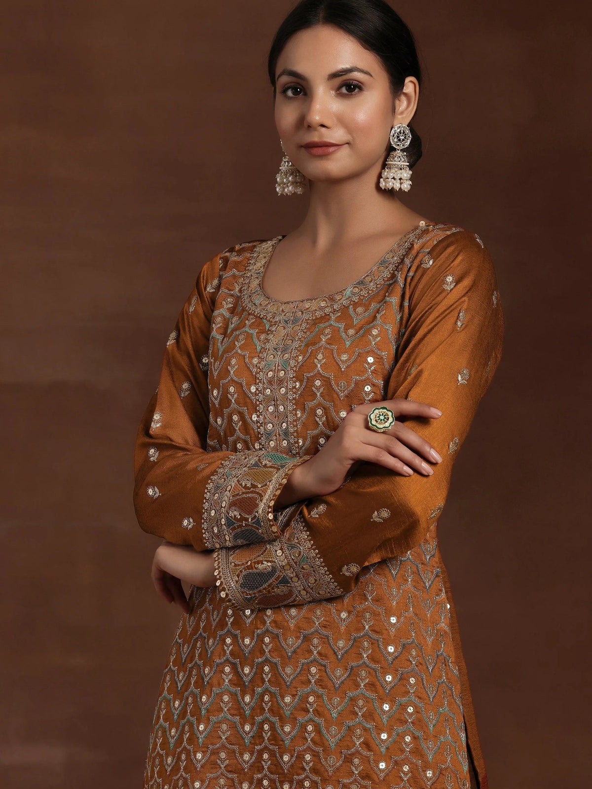 Libas Adaa Rust Embroidered Silk Blend Straight Kurta With Palazzos & Dupatta