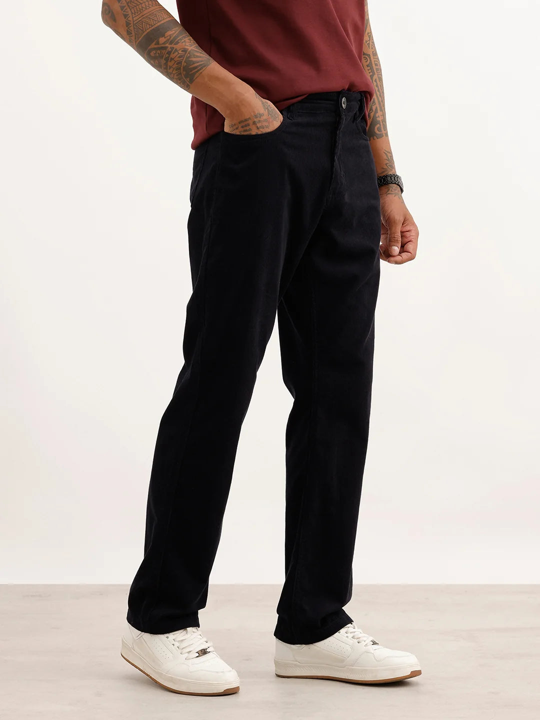 Solid Straight Fit Corduroy Trousers | Navy Blue