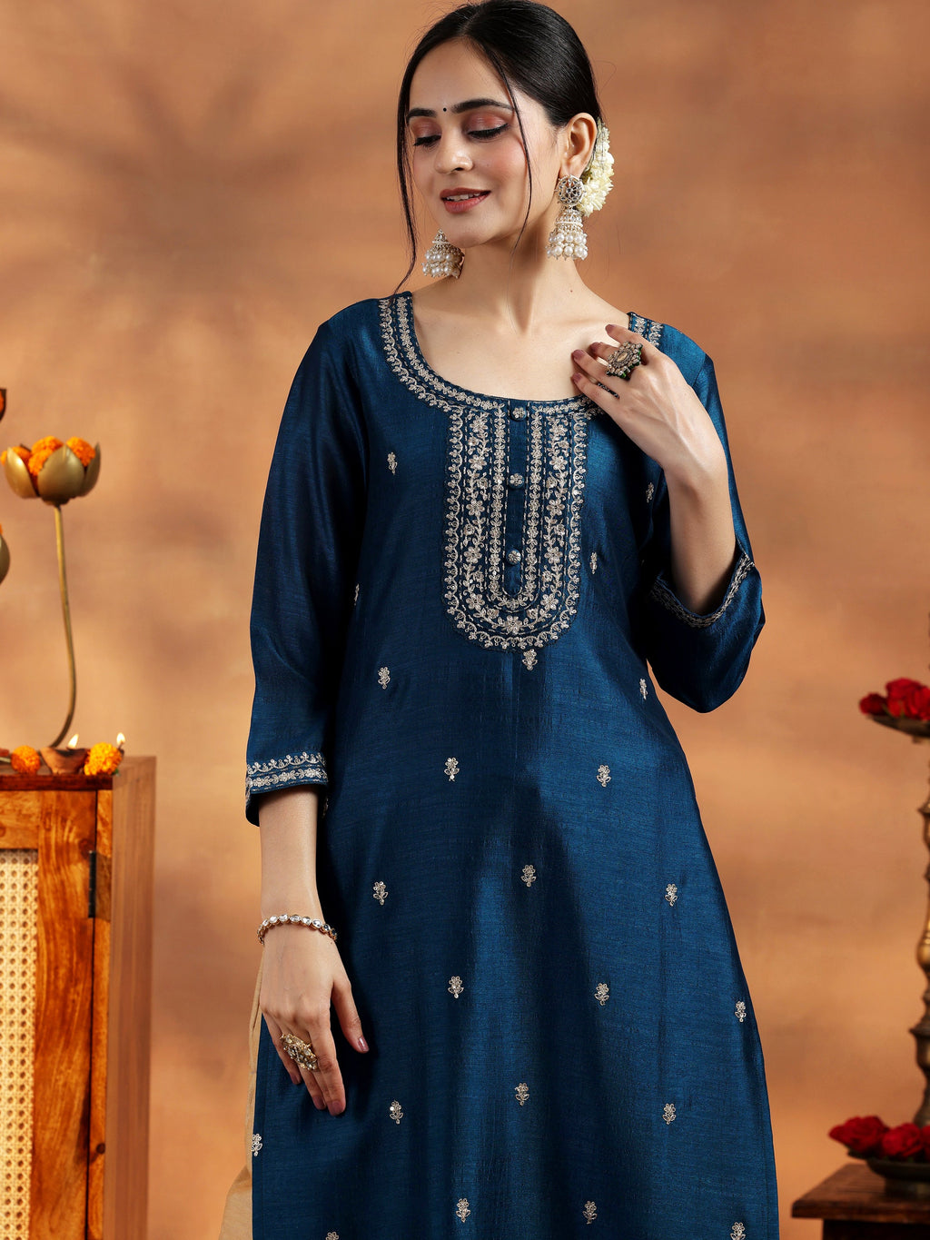 Libas Teal Embroidered Silk Straight Kurta