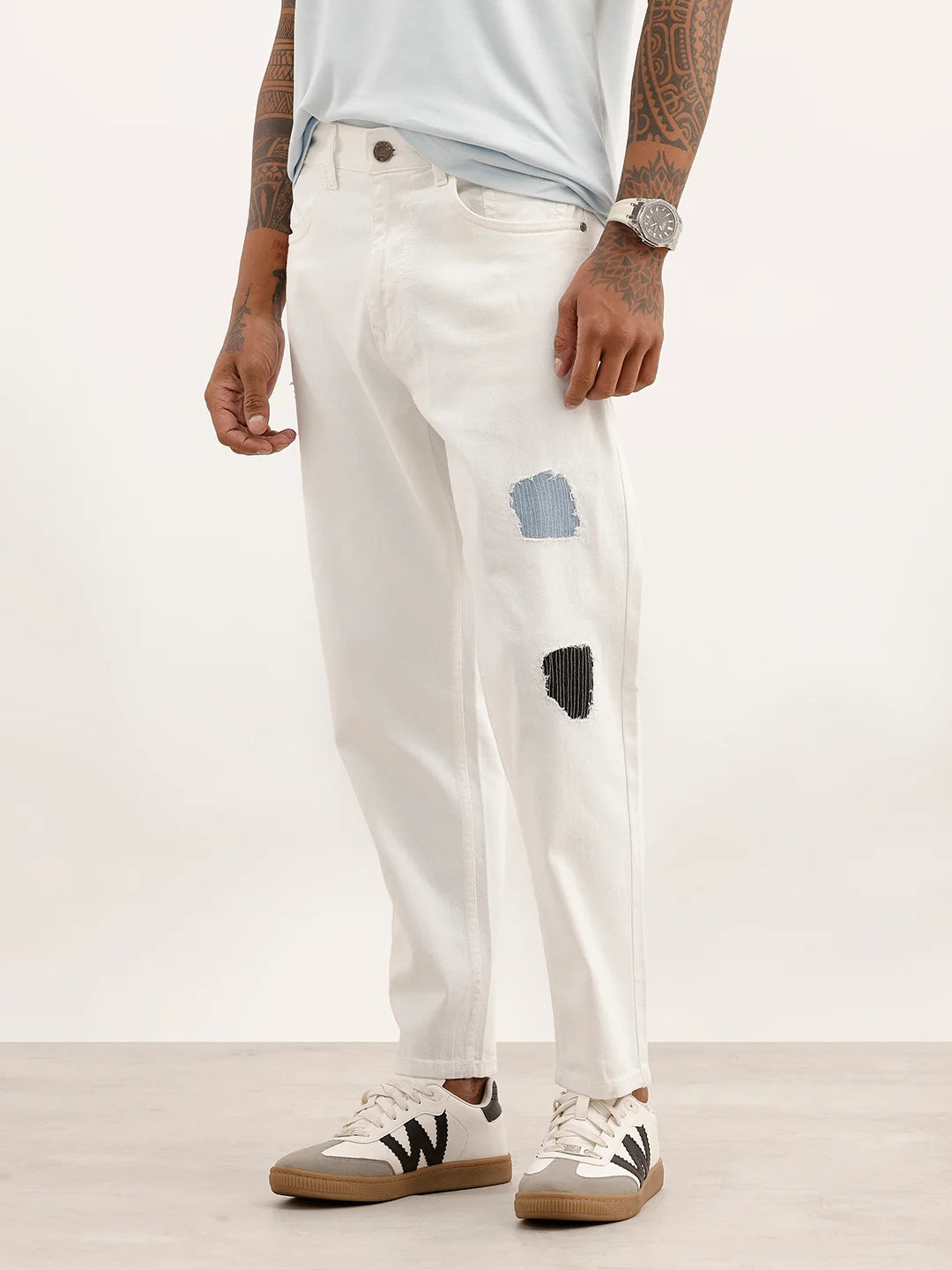 Classic Distressed Patch Detail Denim Jeans | White