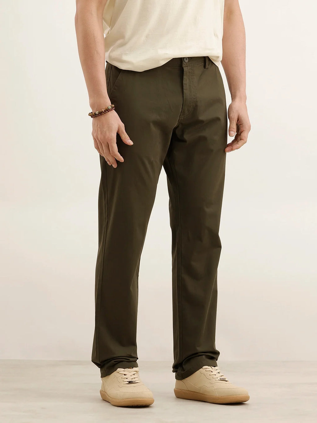 Straight Fit Solid Trouser | Olive