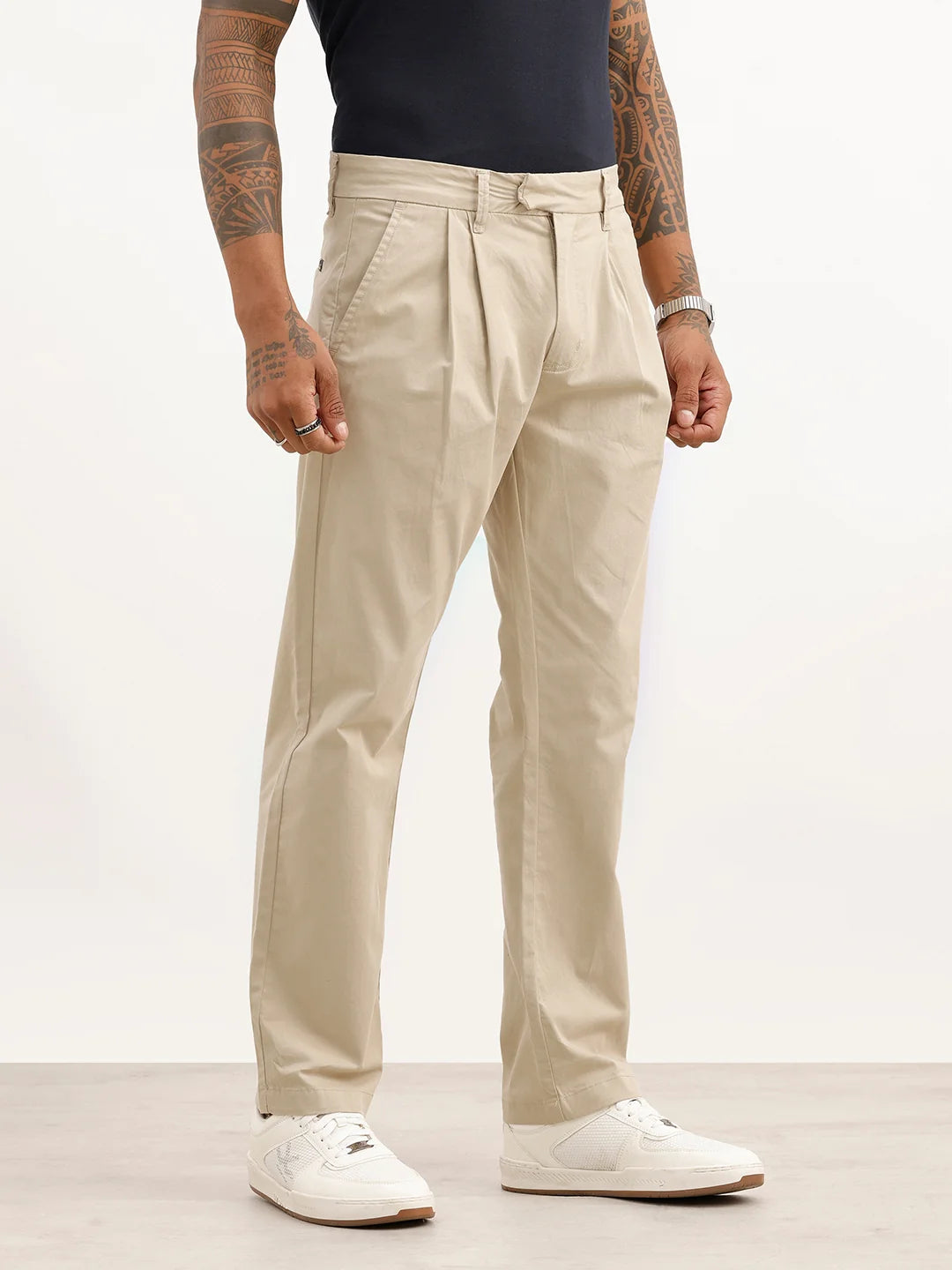 Solid Anti Fit Double Pleated Trouser | Beige