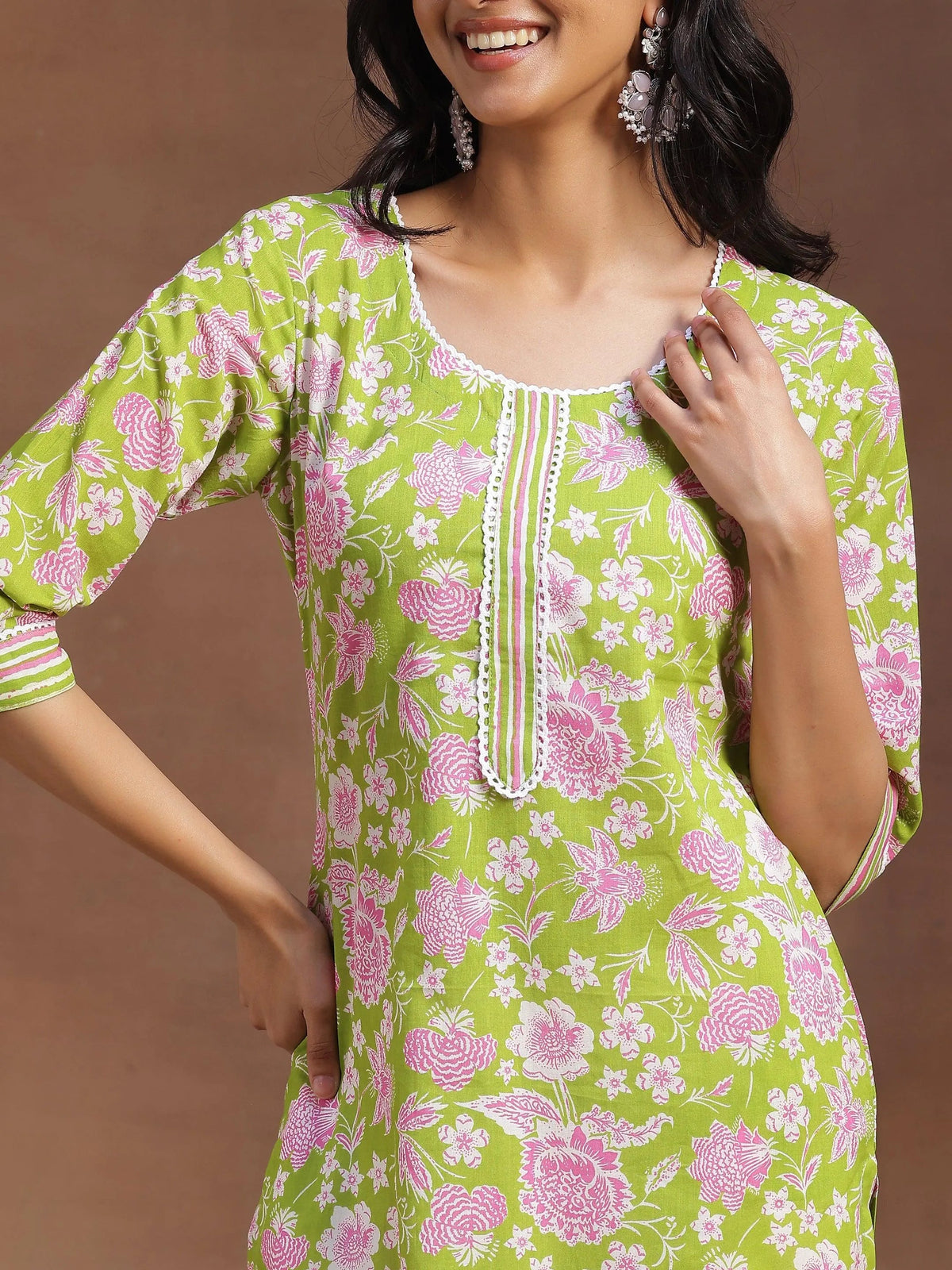 Libas Green Printed Cotton Straight Kurta