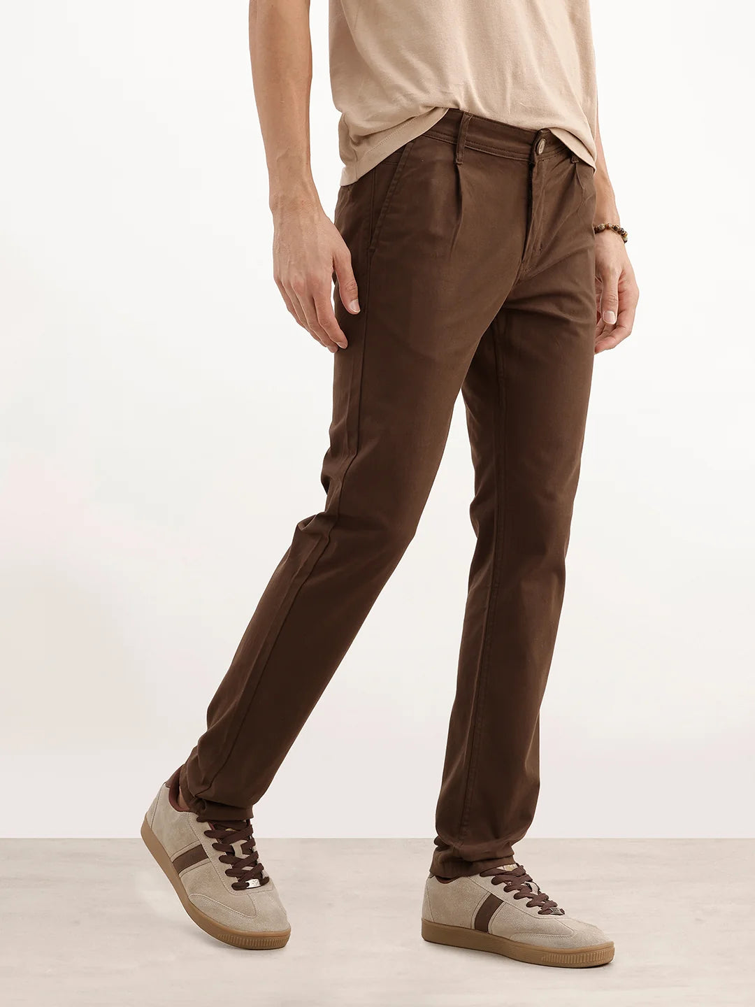 Solid Slim Fit Pleated Trouser | Brown