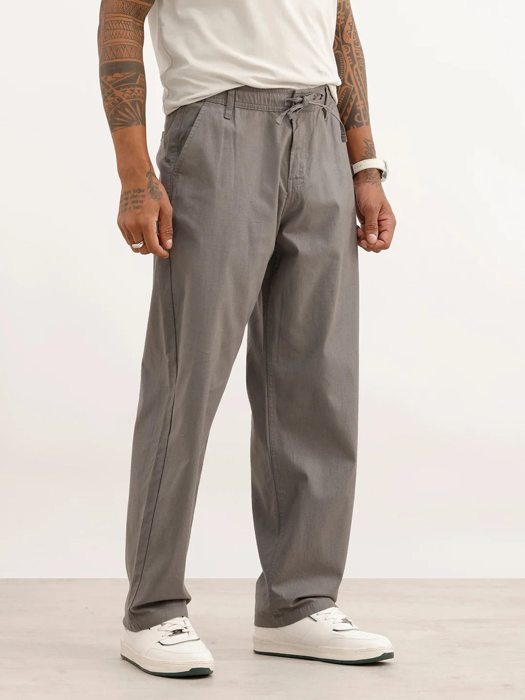 Solid Loose Fit Drawstring Trouser | Grey