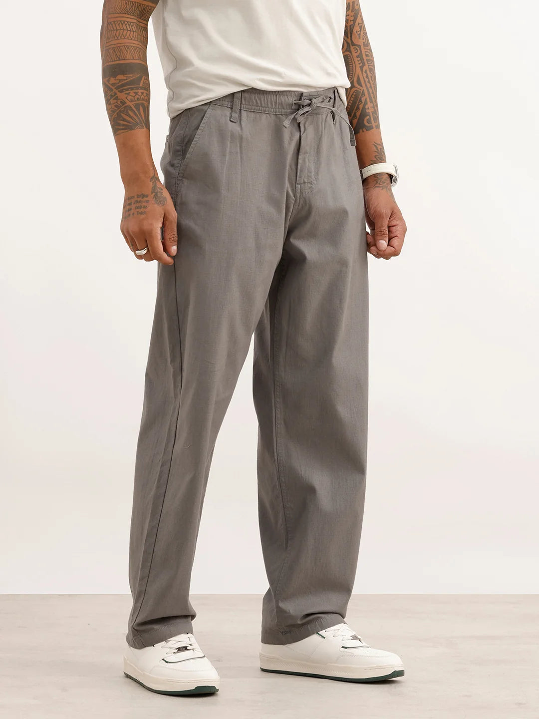Solid Loose Fit Drawstring Trouser | Grey