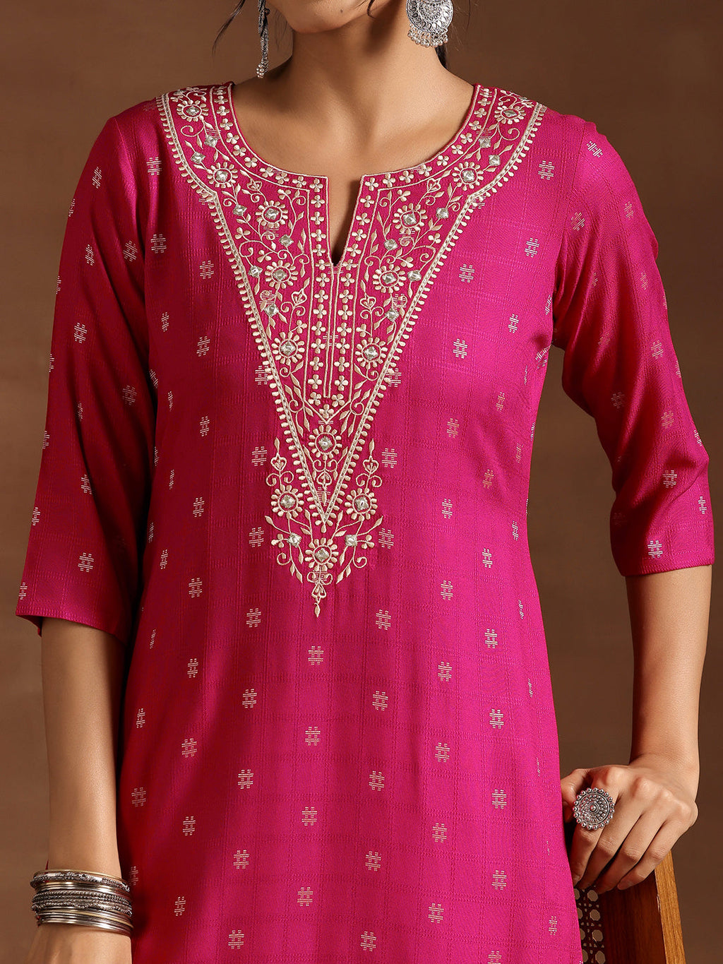 Libas Pink Woven Design Rayon Straight Kurta