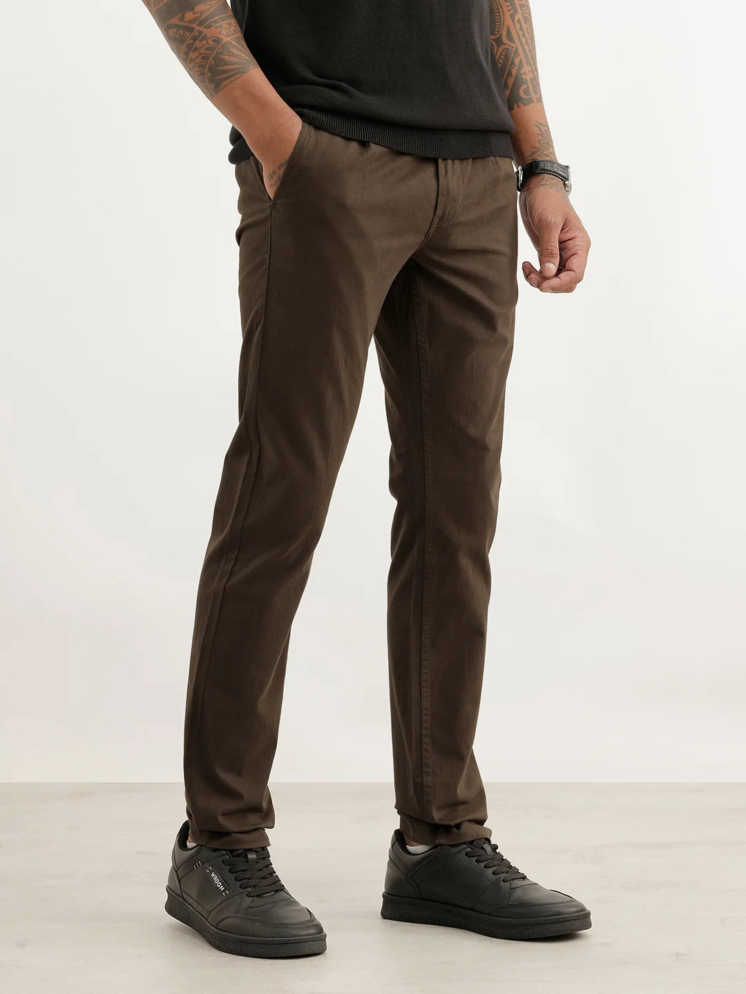 Solid Slim Fit Pleated Trouser | Olive
