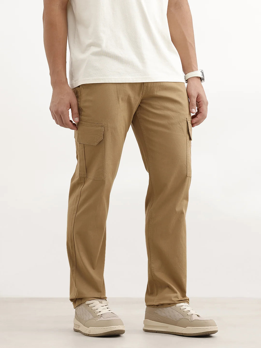 Solid Straight Fit Cargo Trouser | Khaki
