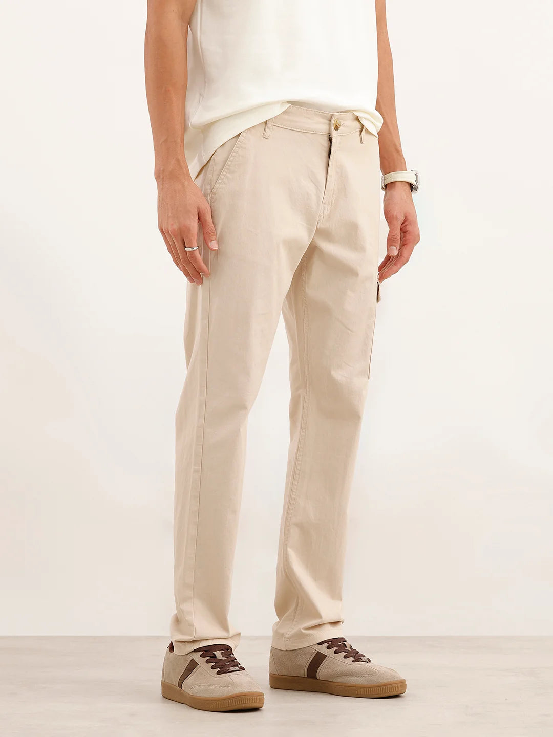 Solid Straight Fit Cargo Trouser | Beige