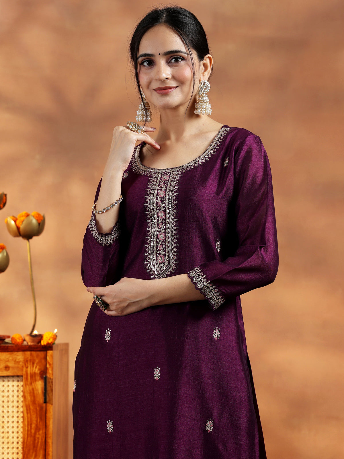 Libas Burgundy Embroidered Silk Straight Kurta