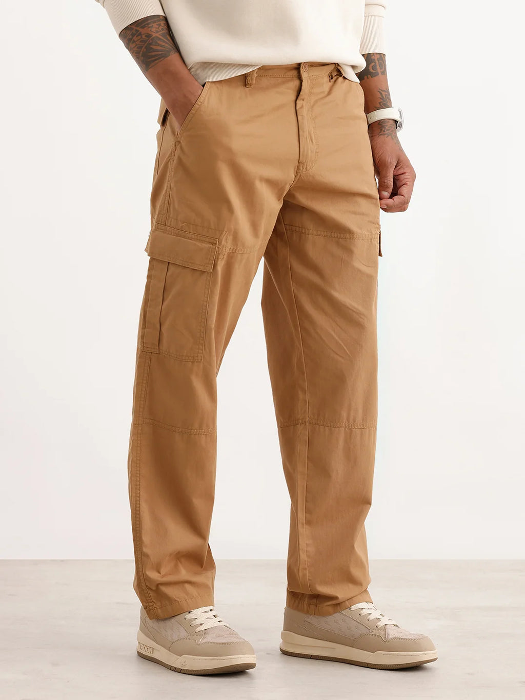 Solid Loose Fit Cargo Trousers | Brown