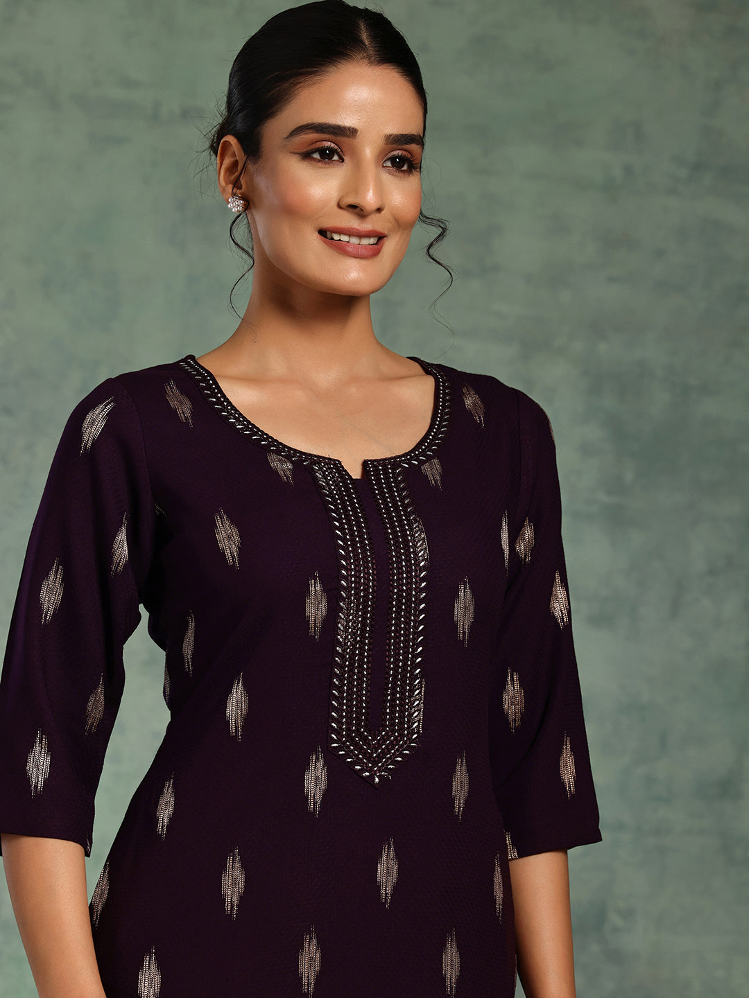Libas Purple Woven Design Rayon Straight Kurta