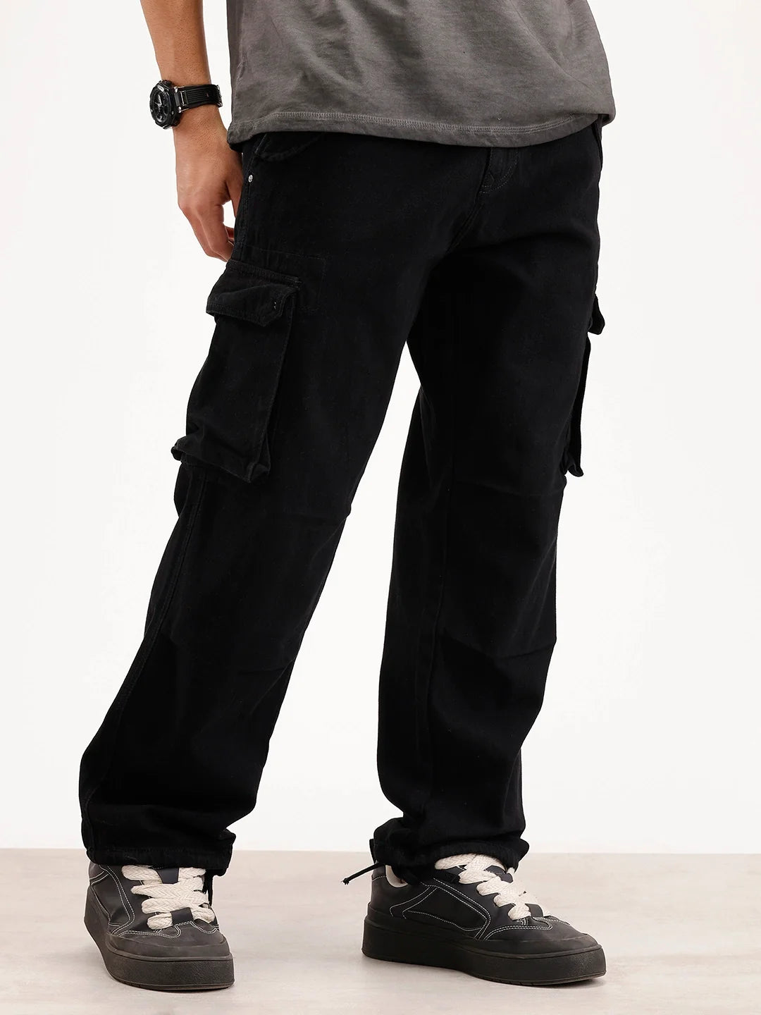 Solid Loose Fit Denim Cargo | Black