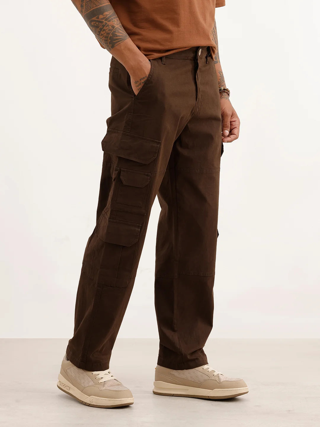 Solid Loose Fit Cargo Trouser | Brown