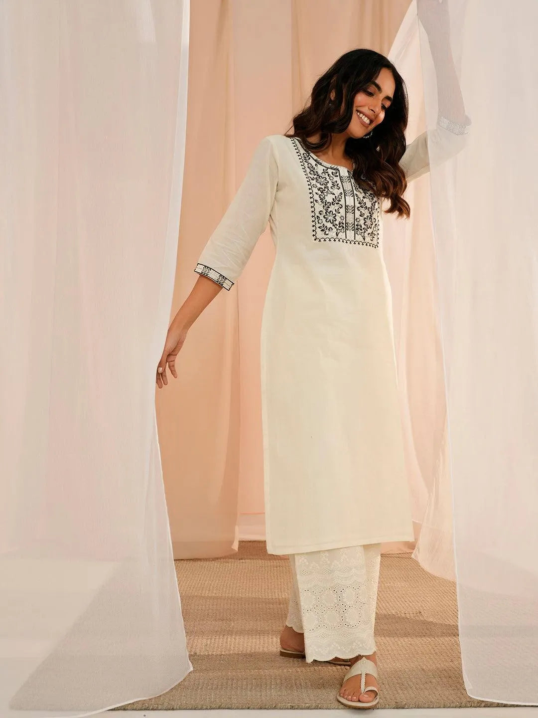 Libas Off White Yoke Design Cotton Straight Kurta