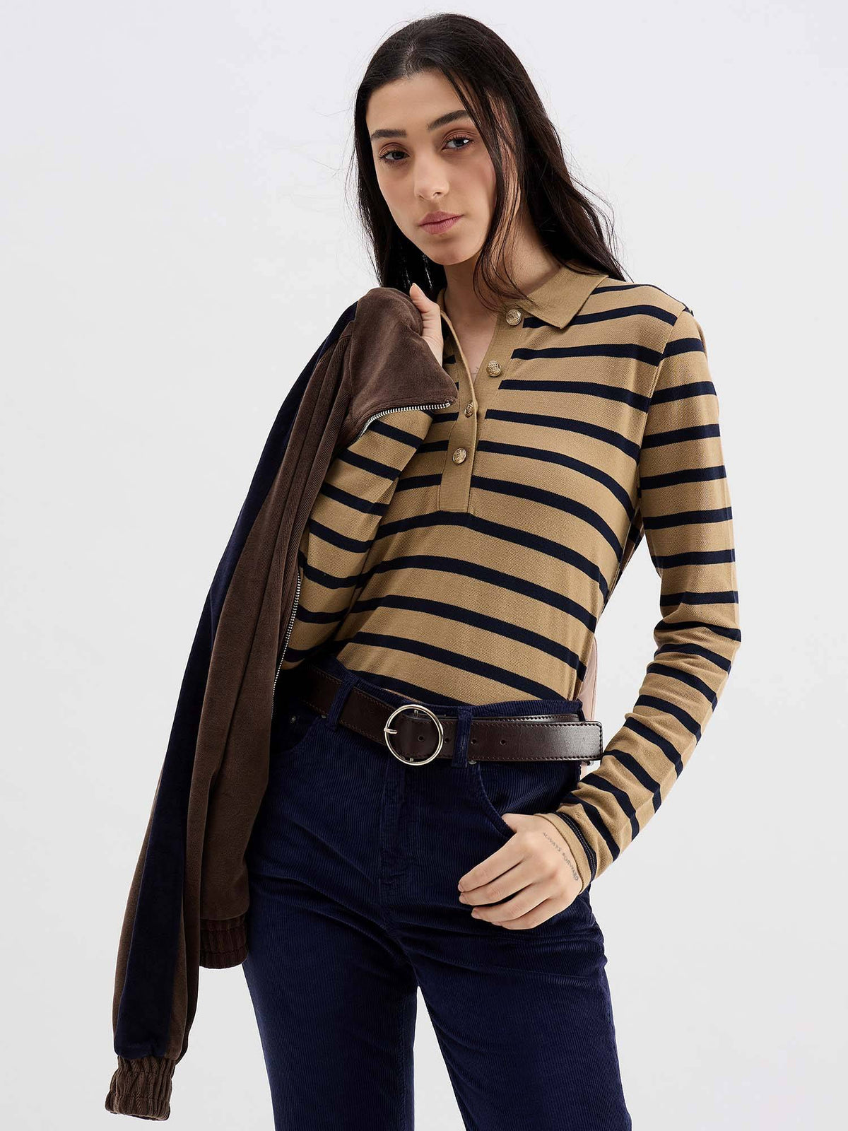 Women Brown Striped Long-Sleeved Pique Polo T-Shirt | PW43 - view 1
