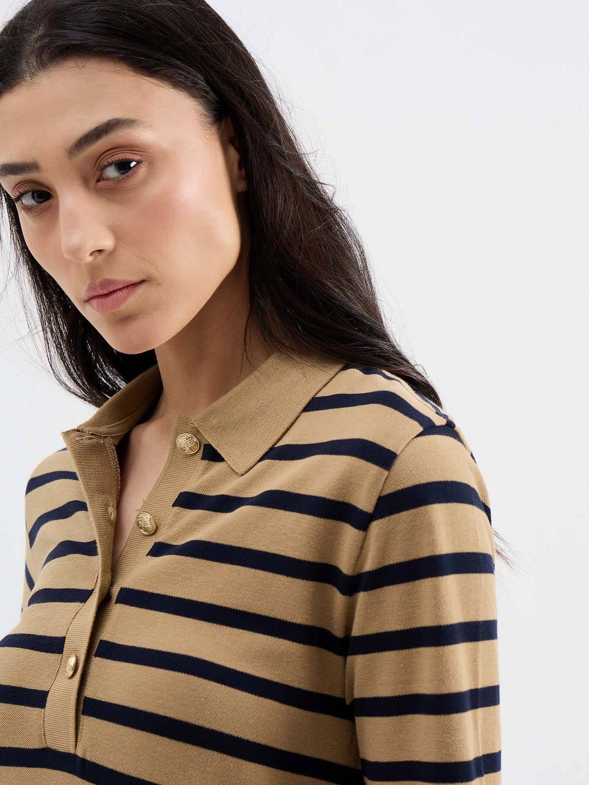 Women Brown Striped Long-Sleeved Pique Polo T-Shirt | PW43 - view 2