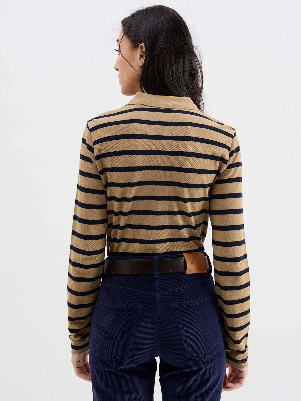 Women Brown Striped Long-Sleeved Pique Polo T-Shirt | PW43 - view 3