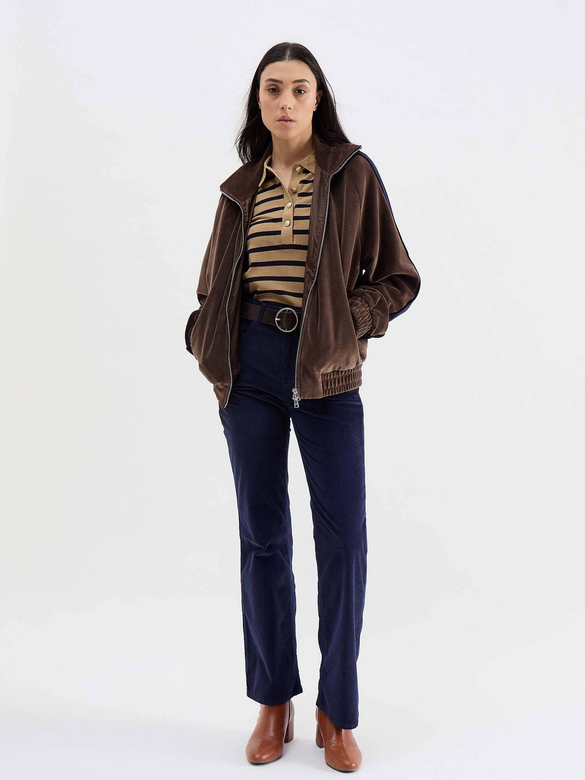 Women Brown Striped Long-Sleeved Pique Polo T-Shirt | PW43 - view 4