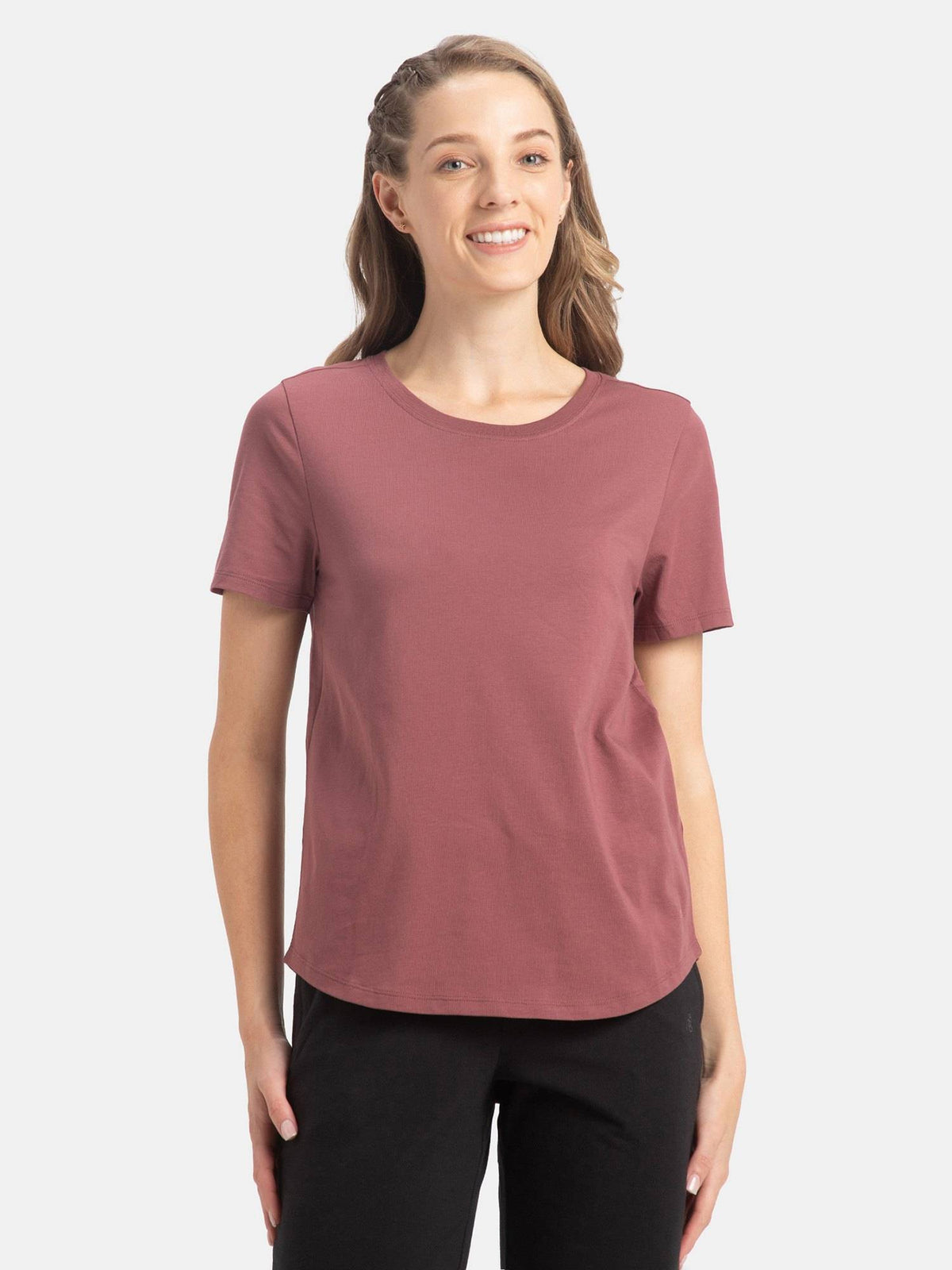 AW88 Women Cotton Rich Relaxed Fit Curved Hem Styled T-Shirt - Wild Ginger | TS56 - view 1