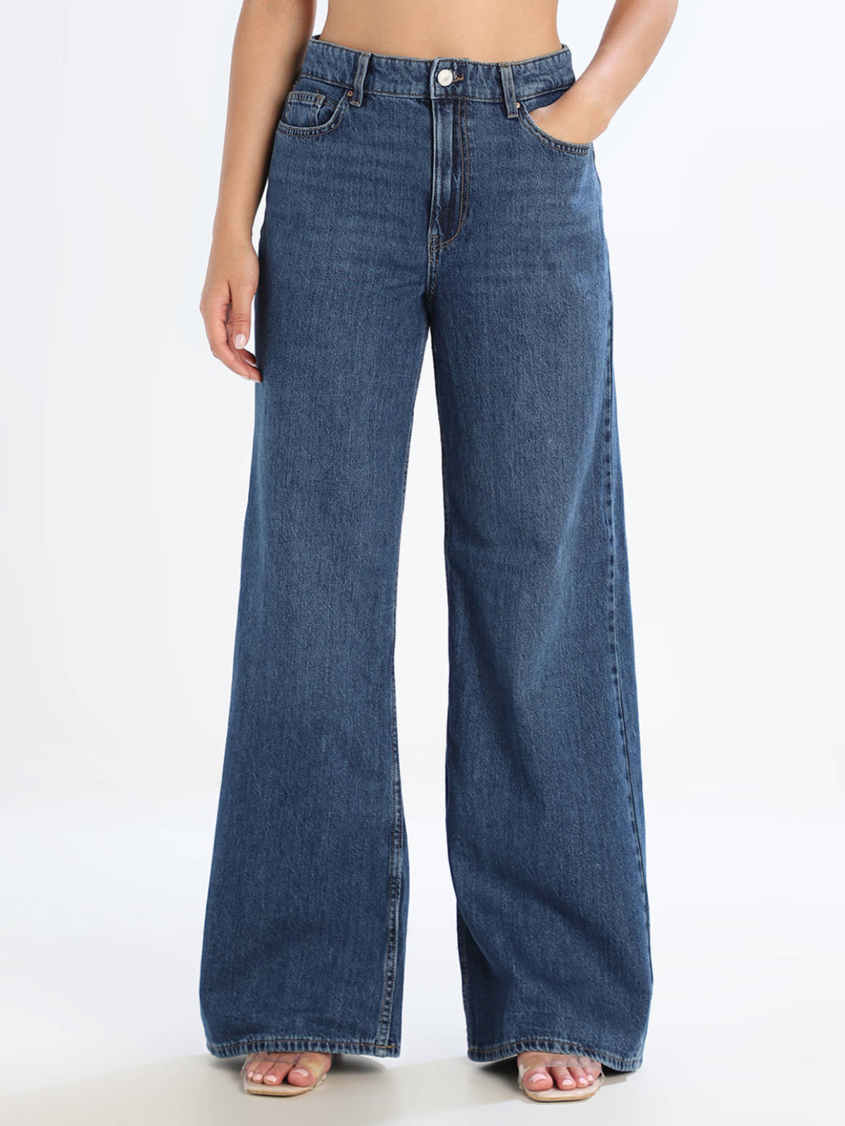Solid Wide Leg High Rise Blue Jeans | WL90 - view 1